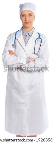 female doctor in a white coat and hat. the phonendoscope hangs on the neck. the medic looks at us, smiles, crossed her arms over her chest. isolated white background