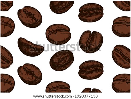 Sketch hand drawn pattern with brown realistic coffee beans isolated on white background. Line art, outline. Espresso, cappuccino, latte. Wallpaper for cafe, menu, bar, packaging. Vector illustration.