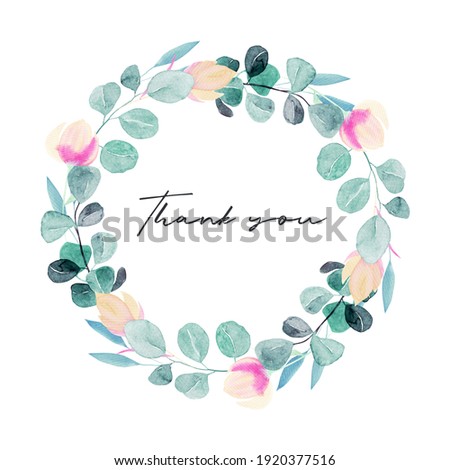Wreath of watercolor spring plants: pink flowers and eucalyptus branches;  hand painted isolated illustrations on a white background, Thank you card design