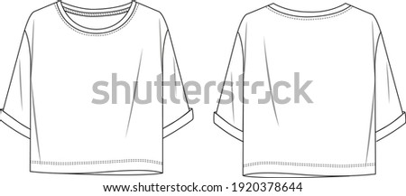 Women's Turn-up Short Sleeve, Boxy T-shirt- Jersey top technical fashion illustration with short sleeves. Flat apparel t-shirt template front and back, white color. Unisex CAD mock-up. Royalty-Free Stock Photo #1920378644
