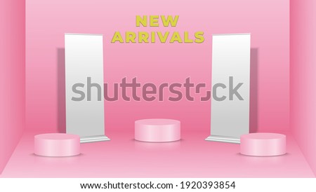 New arrivals background. Pink room background with geometric shapes. Empty podium and roll up banner. Product presentation, mock up, show cosmetic product display, stage pedestal. 3d Vector illustrati