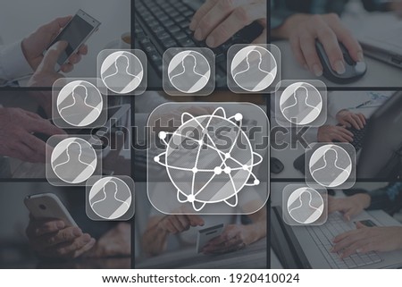 Global business network concept illustrated by pictures on background