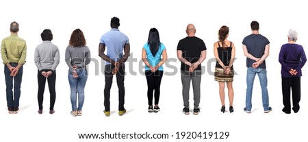 women and man with hands crossed behind back on white background  Royalty-Free Stock Photo #1920419129
