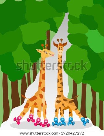Funny cartoon roller-skating giraffes in the park. Children illustration animals go in for sports. Cute loving giraffes. Giraffes on rollers. Vector illustration