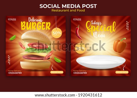 food or culinary banner ads design. editable social media post template. illustration vector with realistic burger.