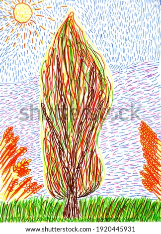 children's drawing with a felt-tip pen, autumn tree green grass and spikelets of wheat, children's creativity