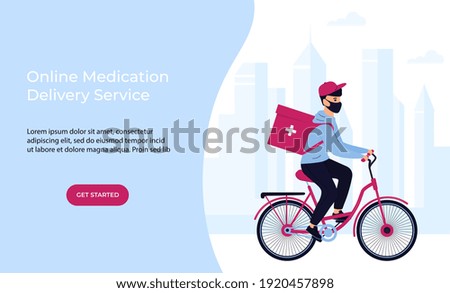 COVID-19. Quarantine. Coronavirus epidemic. Delivery man in a protective mask delivers medicine by bicycle. Free medicament shipping. Web page template