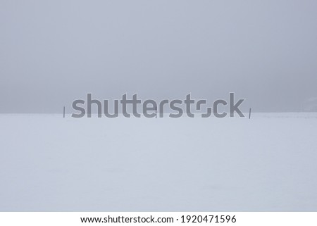 Field in winter with fence separated from background by mist. Shot in Sweden, Scandinavia