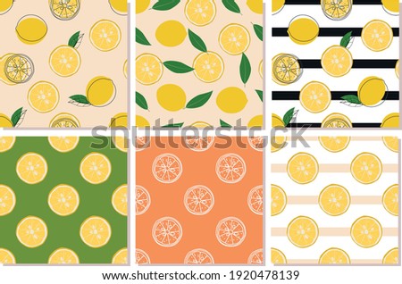  Lemon set pattern.Hand drawn colored Vector illustrations. Set of six Seamless Patterns. Background, wallpaper. For textile Prints or Wrapping paper