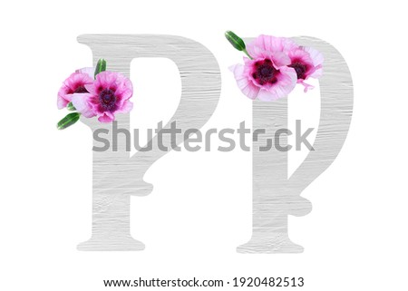 Western retro Latin ABC. Wooden elements with pink garden poppies. Letter P