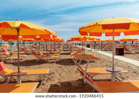Bright orange umbrellas and sun loungers on the beach in Rimini, Italy.  Royalty-Free Stock Photo #1920486455