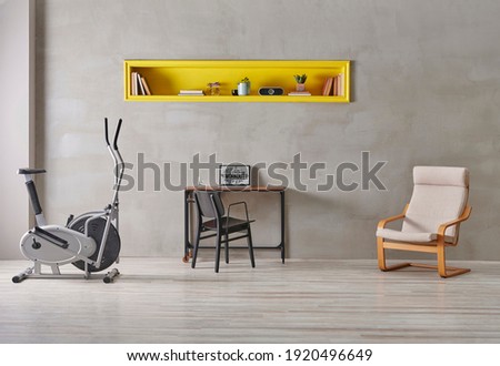 Training and sportive room, grey interior style, stone wall, bike and purple mat, blue dumbbell, yellow bookshelf background.