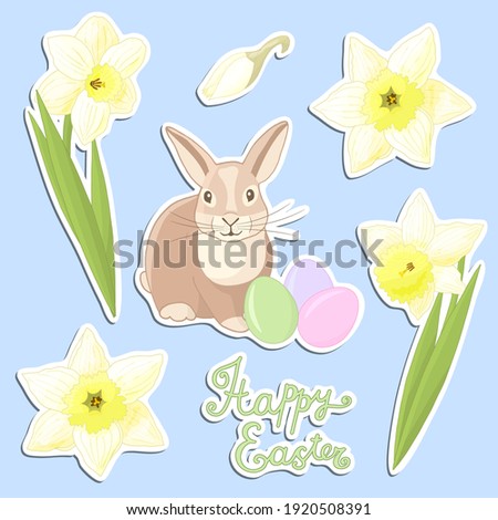 Vector set of stickers with colorful Easter eggs, cute rabbit and spring flowers daffodils, for festive design and decoration