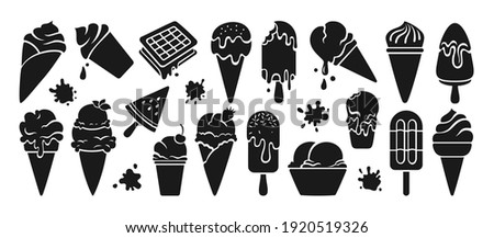 Ice cream black glyph set. Chocolate, vanilla cartoon ice cream cone fruit, mint, berry. Kawaii icon summer collection sweet food and splash. Watermelon on stick. Isolated dessert vector illustration
