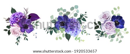 Marvelous violet, purple and burgundy anemone, dusty mauve and lilac rose, hydrangea, eucalyptus vector design bouquets. Stylish fall wedding bunch of flowers.Elements are isolated and editable