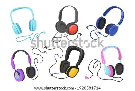 Modern headphones flat illustration set. Cartoon headsets and earphones for listening to music isolated vector illustration collection. Entertainment and accessory concept Royalty-Free Stock Photo #1920581714