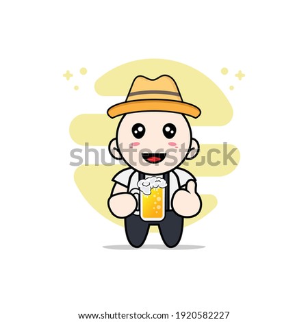 Cute geek boy character holding a glass of beer. Mascot design concept