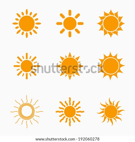 Orange Sun symbols set, collection of 9 different summer icons, vector illustration