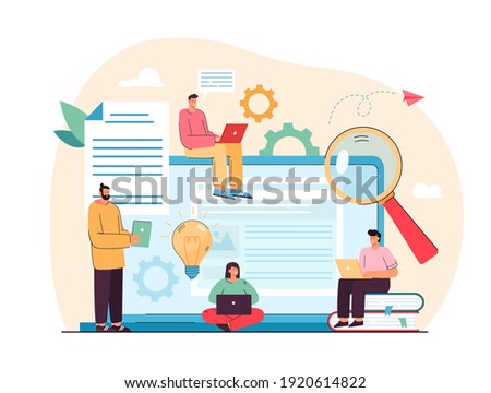 Tiny content writers creating web articles flat vector illustration. Cartoon creative SEO or blog authors writing text on laptop computers. Freelance, marketing and creation concept