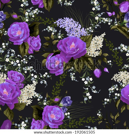 Seamless floral pattern with roses and lilac on black background. Vector illustration.