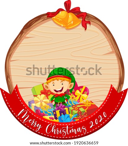 Blank wooden banner with merry Christmas 2020 font and cute elf illustration