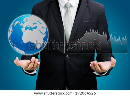 Businessman standing posture hand hold laptop showing graph isolated on over blue background