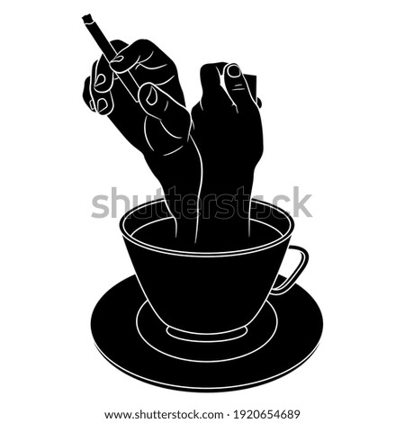 Human hands with cigarette and match box emerging from cup of coffee or tea. Creative concept for addiction to caffeine and tobacco smoking. Black and white silhouette.