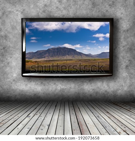Plasma TV on the wall of the room with wooden floor
