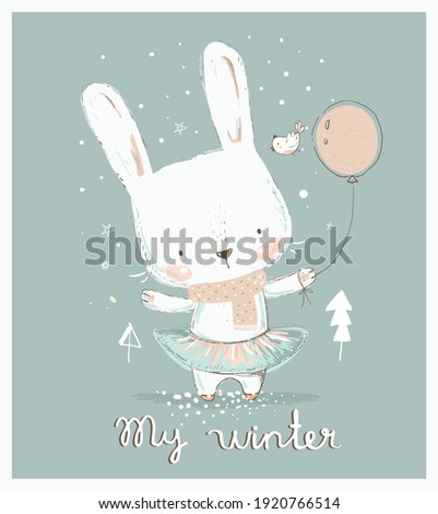 Cute  winter bunny  with balloon. Hand drawn vector illustration.