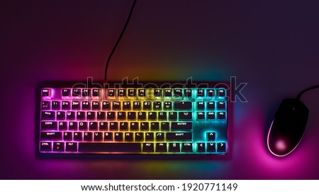 Gaming keyboard with RGB light. White mechanical keyboard and mouse with backlight. Colorful keyboard and mouse with RGB backlight. Gamer's Workspace Royalty-Free Stock Photo #1920771149