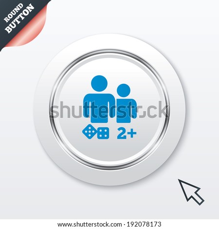 Board games sign icon. Two plus players symbol. Dice sign. White button with metallic line. Modern UI website button with mouse cursor pointer. Vector