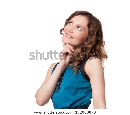 Happy young woman with suitcase against white background