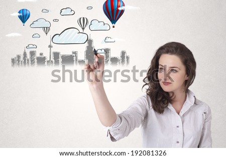 Pretty woman sketching cityscape with colorful balloons and clouds