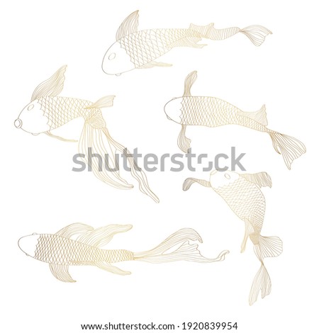 Golden fish set, hand drawing. Beautiful Japanese Koi carps fish on a white background. Fish for tattoo or wallpaper. 