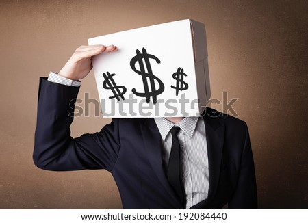 Businessman standing and gesturing with a cardboard box on his head with dollar signs