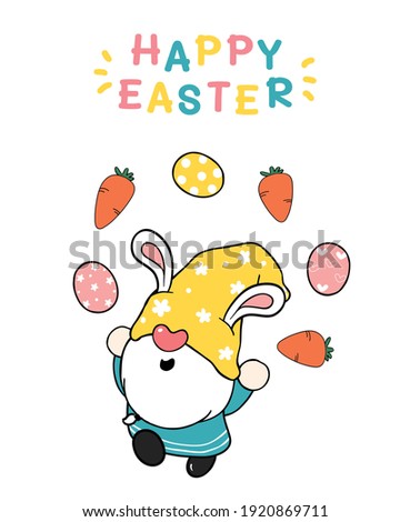 Cute easter Gnome bunny ears cartoon doing easter eggs Juggling,  Happy Easter, Cute doodle cartoon vector spring Easter clip art