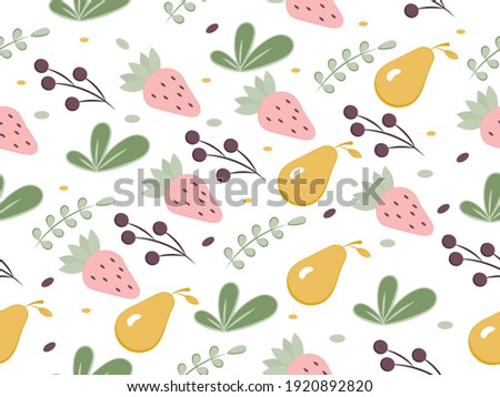 Seamless pattern from fruit background elements on a white background. Tropical pattern of pears, strawberries.