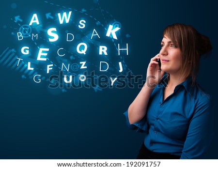 Beautiful young lady making phone call with shiny characters