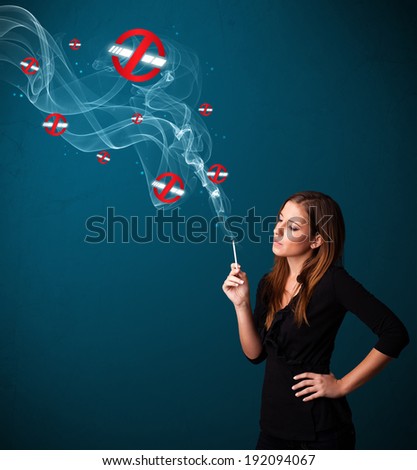 Beautiful young woman smoking dangerous cigarette with no smoking signs