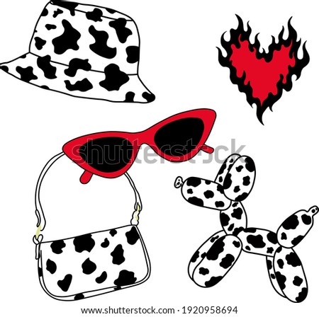 Hat, bag, dog in cow pattern set