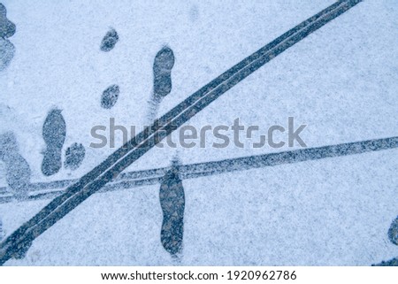Traces paths of cars bikes and feets on the snow as plant early in the winter - fresh snow