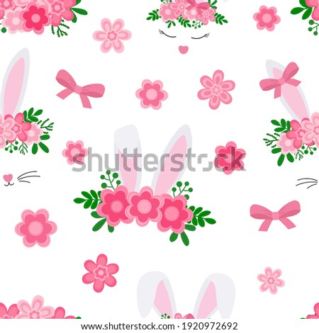 Seamless pattern Cute Easter bunny ears with flowers vector illustration