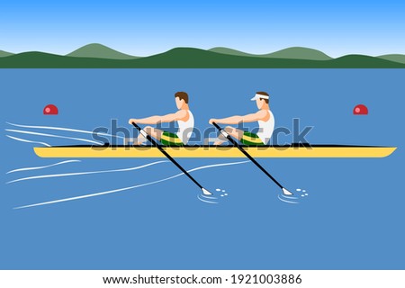 Double scull rowing team trains before the competition, color vector illustration. Rowing boat is floating on the river. Royalty-Free Stock Photo #1921003886