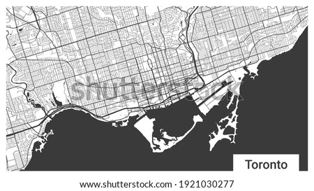 Map of Toronto city, Ontario, Canada. Horizontal Background map poster black and white land, streets and rivers. 1920 1080 proportions. Royalty free grayscale graphic vector illustration. Royalty-Free Stock Photo #1921030277