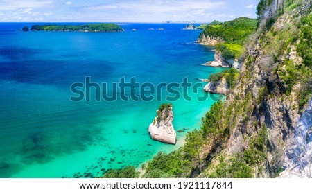 panoramic view from the cliffs at cathedral cove,coromandel peninsula, new zealand Royalty-Free Stock Photo #1921117844