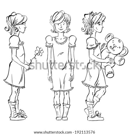 Set of vector full-length hand-drawn Caucasian teens, black and white front and side view sketch of a girl catch a butterfly, monochrome freehand illustration of standing adolescent holding a bouquet.
