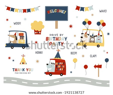 Collection of design elements for drive by birthday party. Cute and whimsical dog characters driving car, big cupcake, party hat, balloons, colorful garlands, welcome sign, and more.