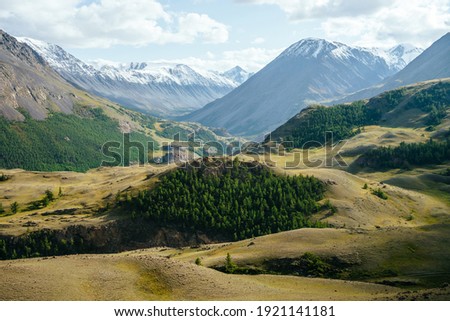 Sunny mountain landscape with green forest on hills on background of big snowy mountains under cloudy sky. Colorful alpine scenery with coniferous trees on hills and great snowy mountains in sunlight.