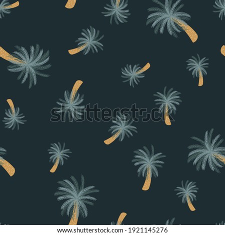 Random abstract nature exotic seamless pattern with blue colored palm trees. Black background. Simple design. Graphic design for wrapping paper and fabric textures. Vector Illustration.