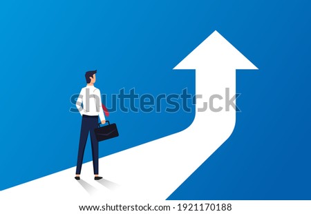 Business success to next level concept. Businessman standing in front of arrow symbol illustration. Royalty-Free Stock Photo #1921170188